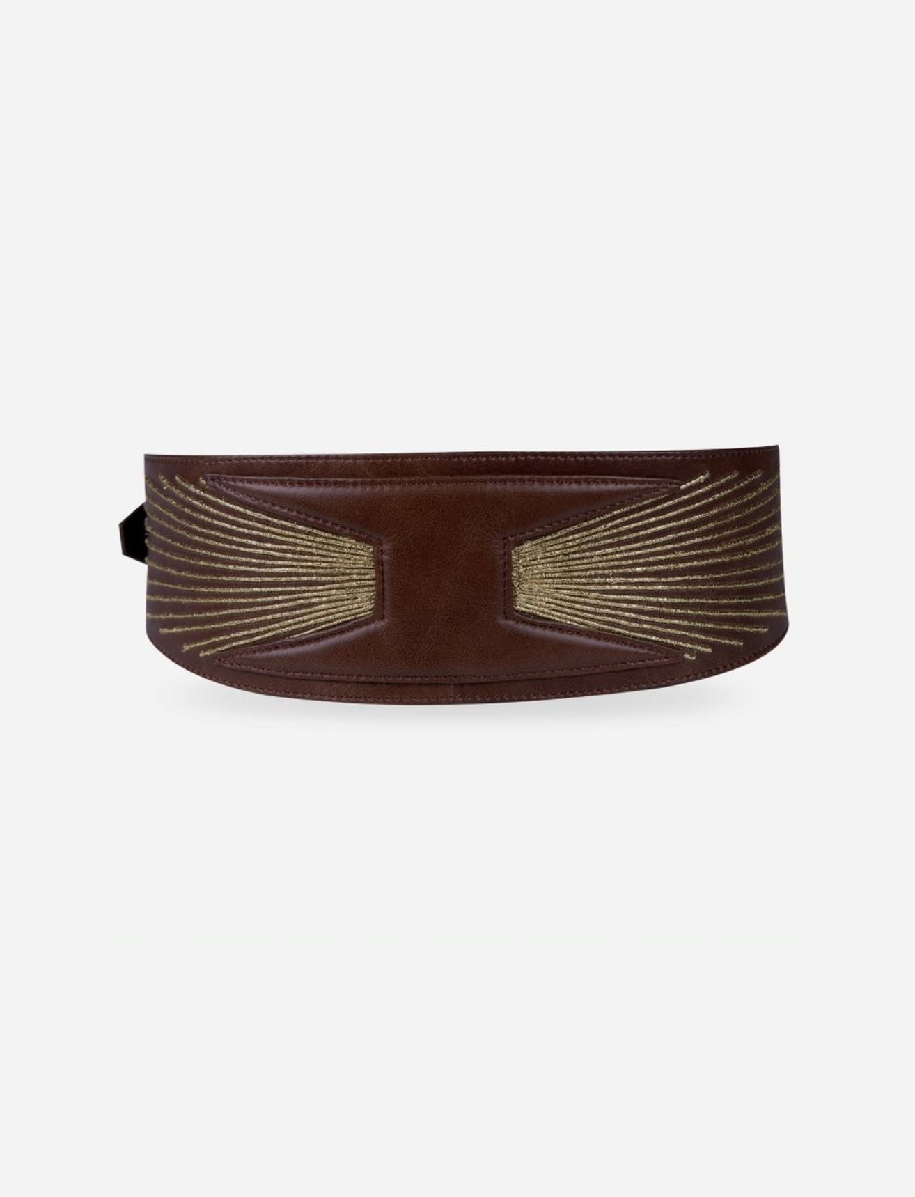 Timeless tan leather waistbelt with golden embroidery and adjustable design on white background