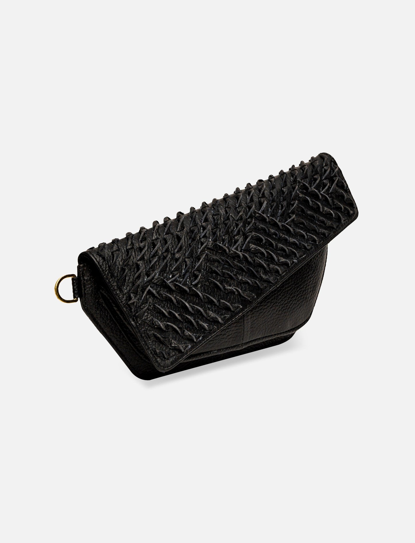 Black textured leather wallet with woven pattern and gold ring on white background
