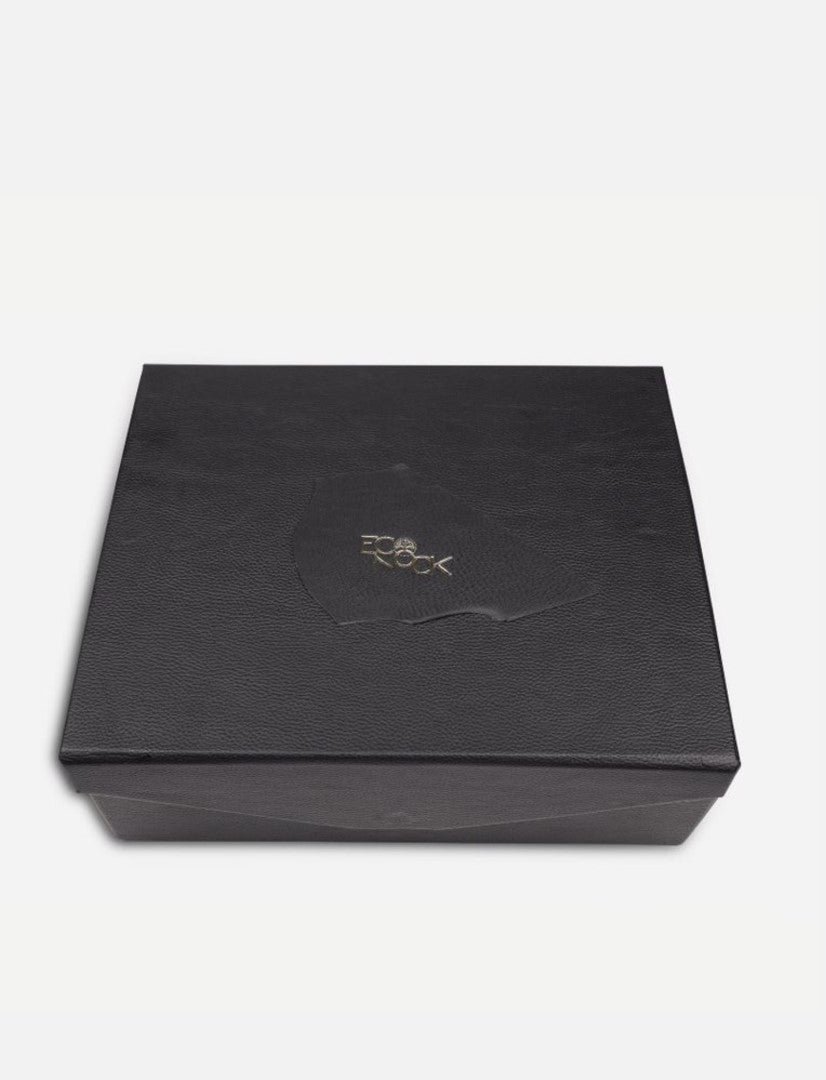 Black textured rectangular gift box with gold embossed ECO ROCK logo on top