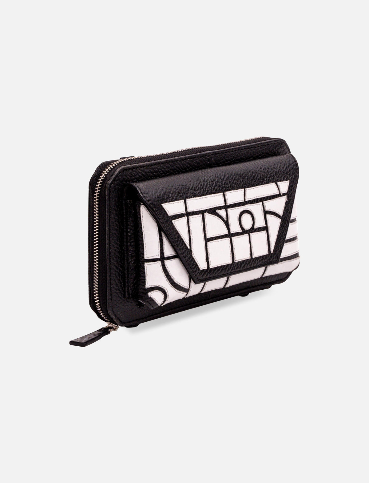 Black and white textured leather wallet with geometric pattern and zip closure