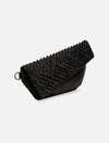 Black leather wallet with textured woven flap and gold ring on white background