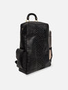 Black leather backpack with braided center detail and side pocket, featuring a handle and metallic water bottle holder
