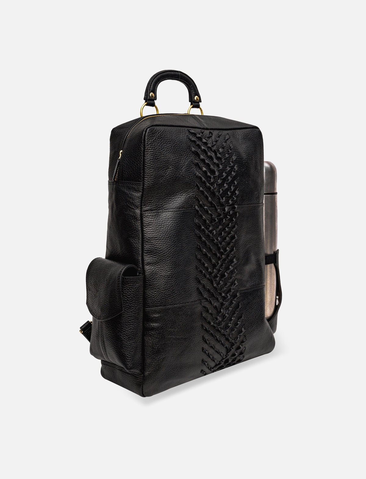 Black leather backpack with braided center detail and side pocket, featuring a handle and metallic water bottle holder