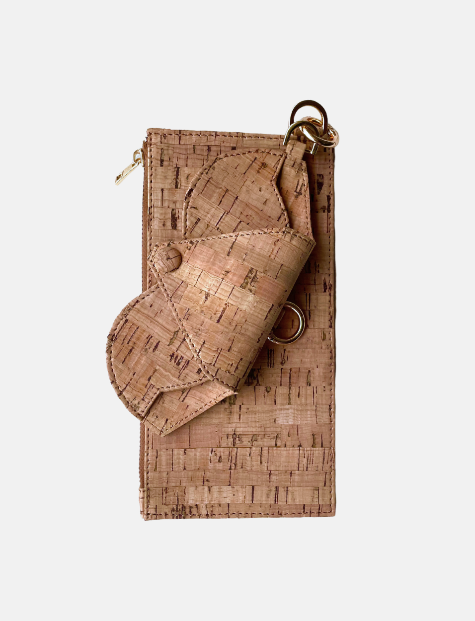 compact minimalist cork leather crossbody wallet with attached sunglass case and gold rings
