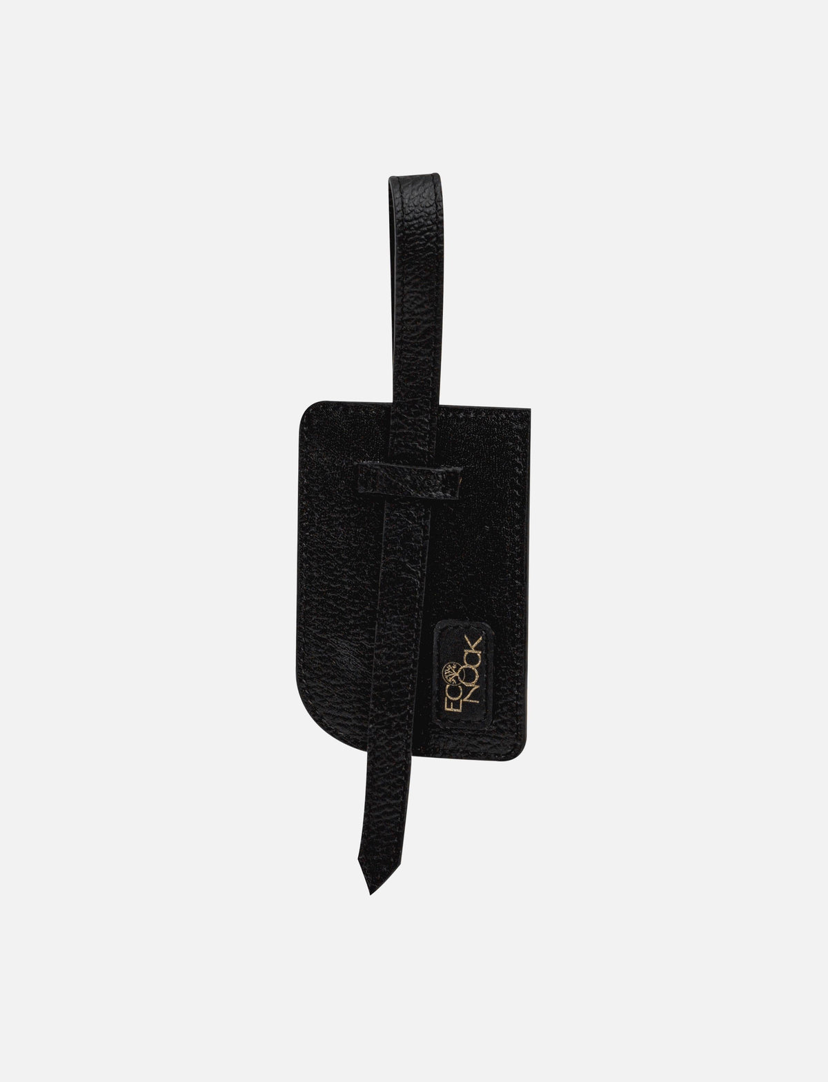Black textured leather luggage tag with strap and Eco Nook logo on white background