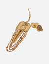 Gold-toned earring with pomegranate design, geometric shape, and hanging chain details on white background