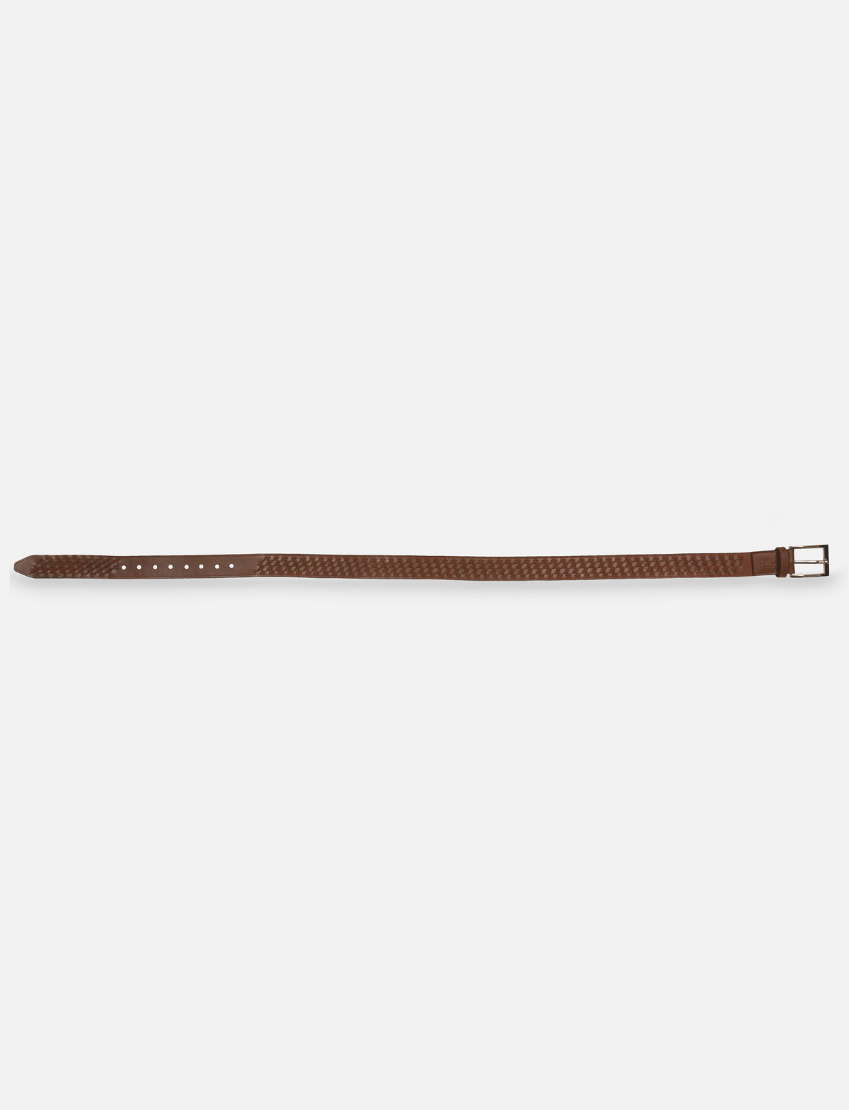 Timeless tan leather male waist belt with woven design and metal buckle on white background