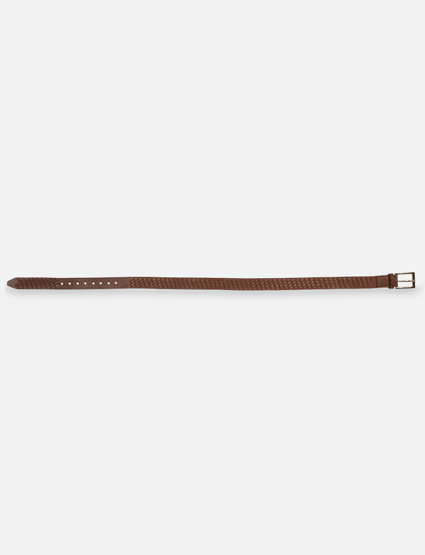 Timeless tan leather male waist belt with woven design and metal buckle on white background