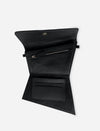 Open black leather trifold wallet with zipper pocket and card slots on white background