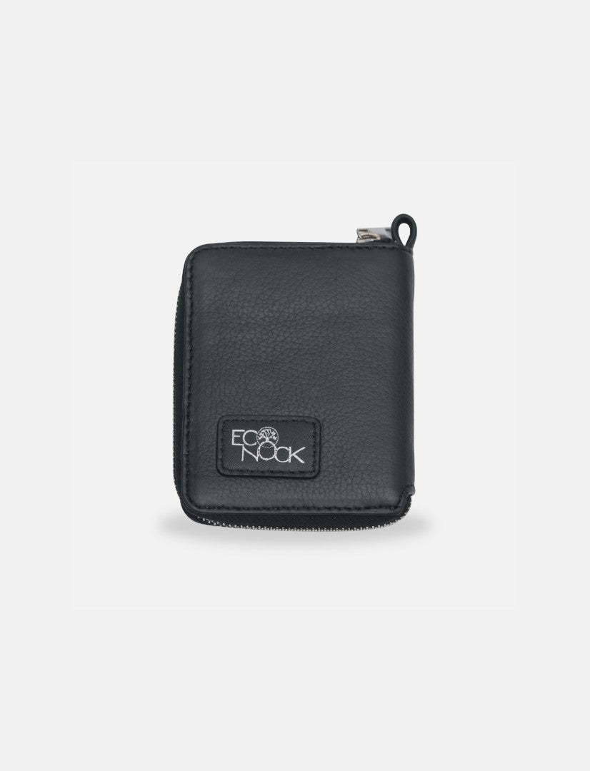 Timeless black leather gender-neutral wallet with zipper and ECO NOCK logo, handcrafted in India