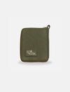 Timeless olive green gender neutral leather wallet with EcoNook logo and zipper, handcrafted in India