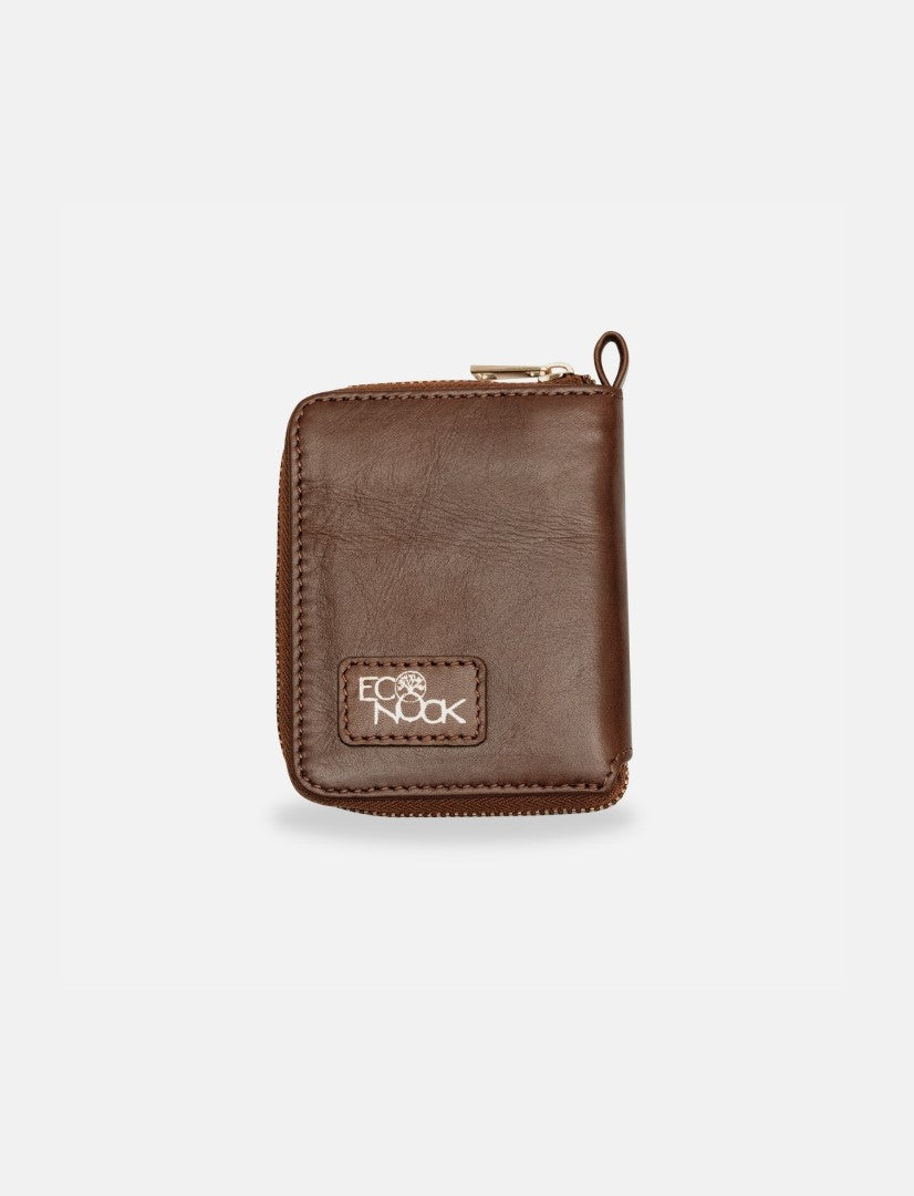 Timeless tan gender-neutral leather wallet with zipper and EcoNook logo on white background