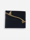 Black leather wallet with gold embroidered accents, handcrafted design on plain white background