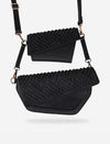 Handcrafted black leather crossbody bag and small wallet with woven detailing and detachable straps