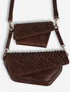 Handcrafted dark brown leather crossbody bags with woven flap design and detachable straps