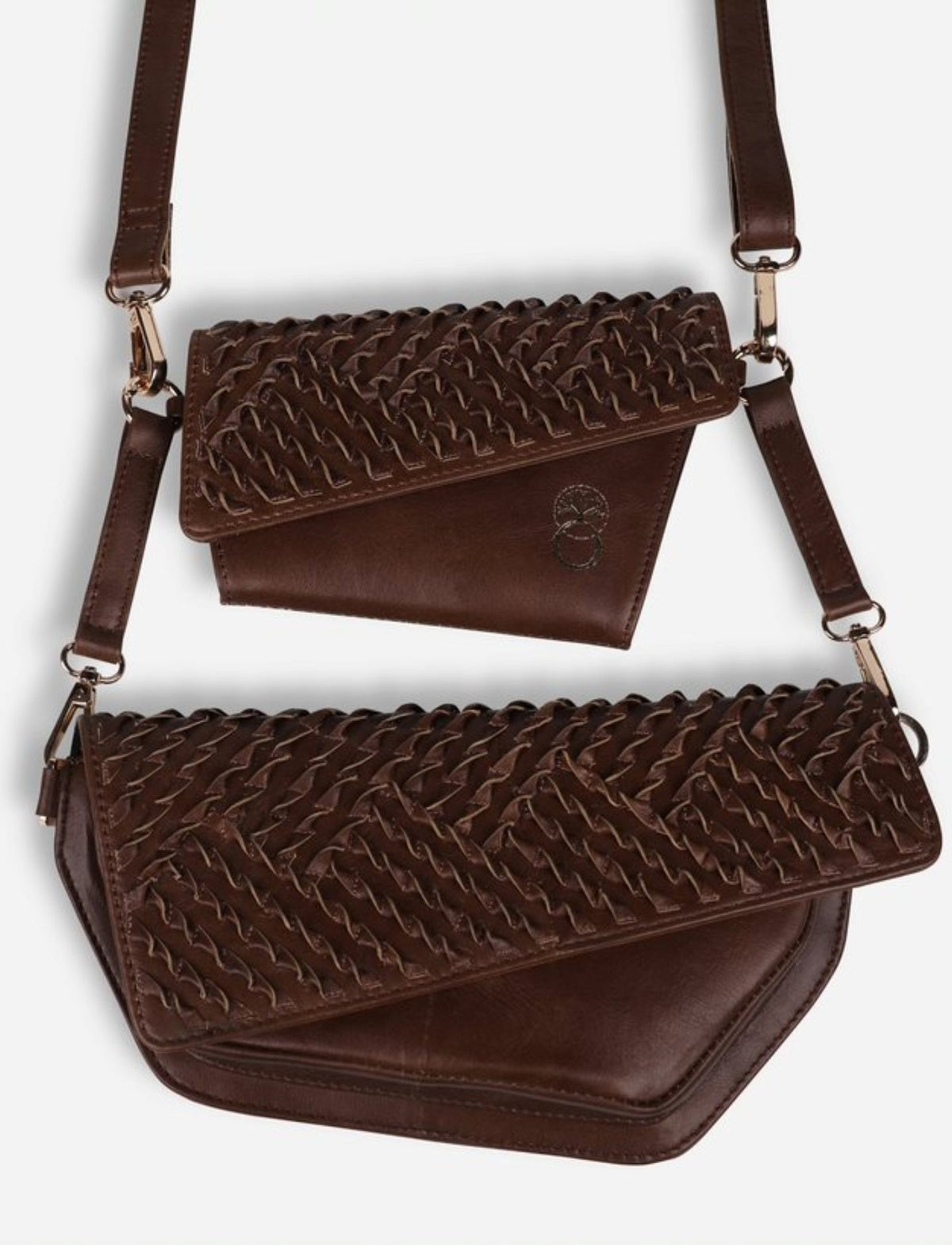 Handcrafted dark brown leather crossbody bags with woven flap design and detachable straps