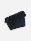 Timeless black leather wallet with woven textured flap handcrafted in India on white background