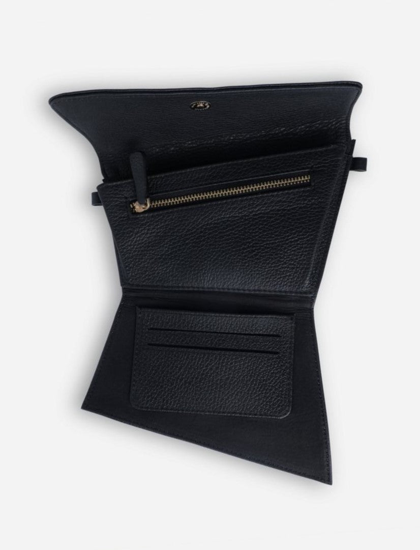 Open black leather wallet with zipper pocket and card slots, textured finish