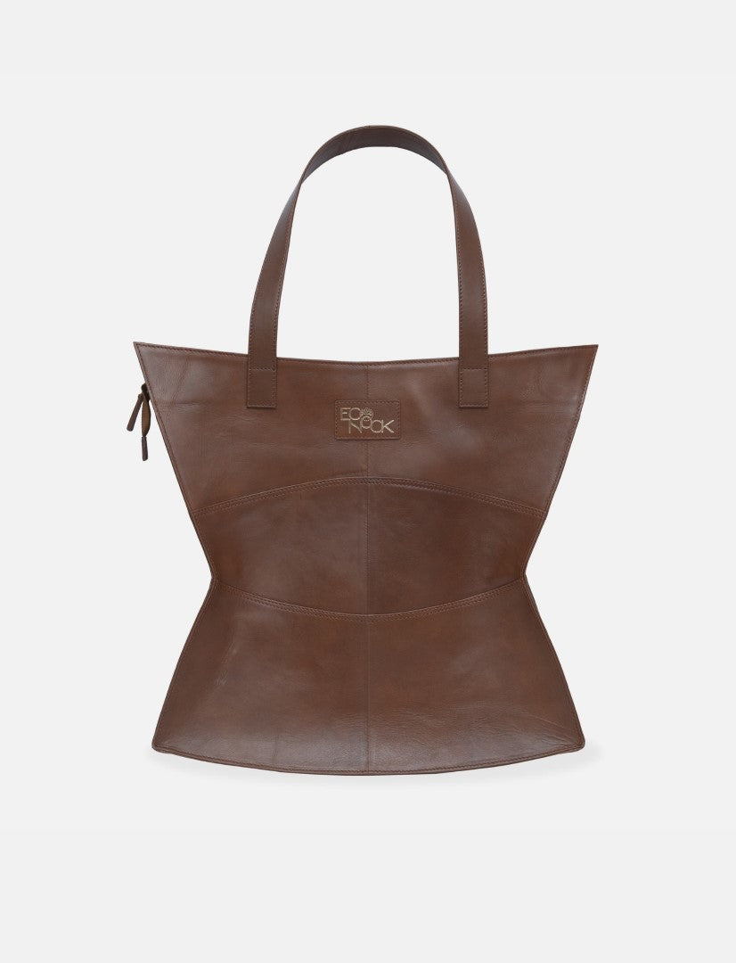 brown upcycled leather tote bag with unique hourglass shape and double handles on white background
