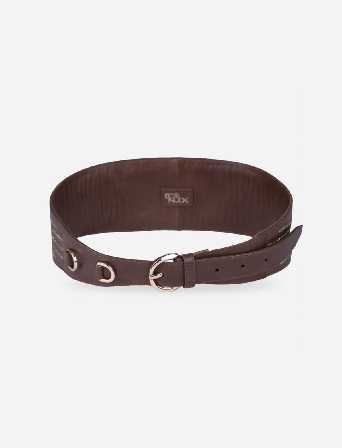 Dark brown leather adjustable waist belt with metallic buckle and D-ring accents