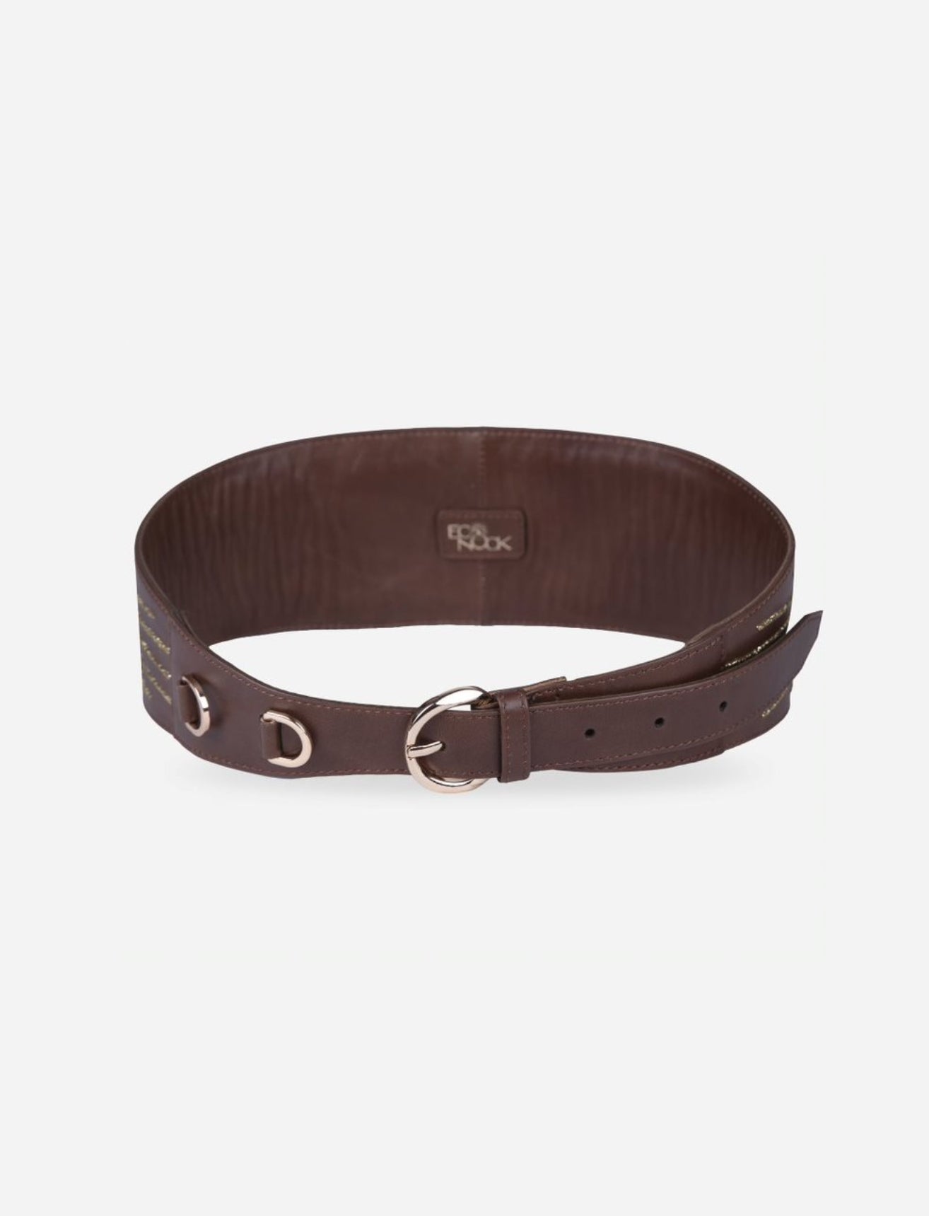 Dark brown leather adjustable waist belt with metallic buckle and D-ring accents