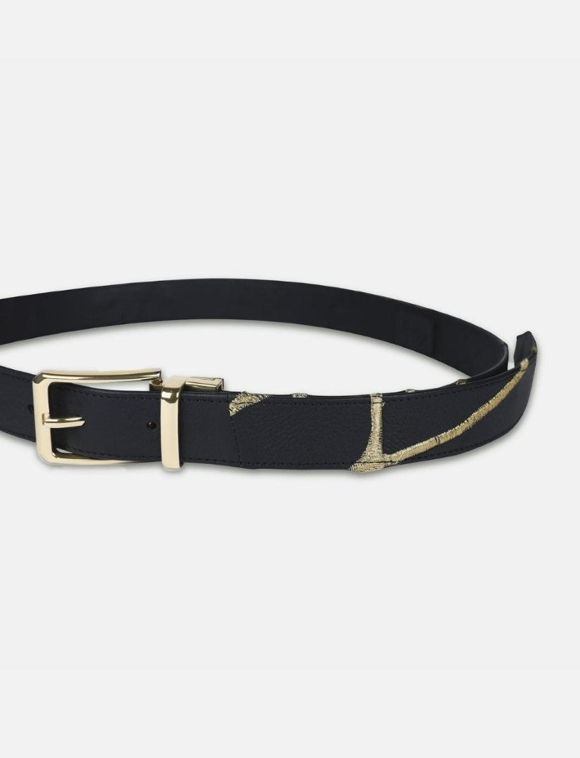 Black leather waist belt with gold embroidered accents and gold metal buckle on white background