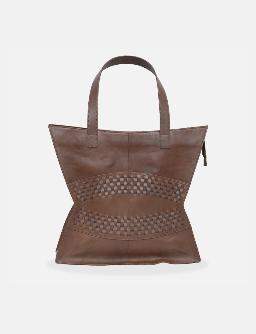 brown upcycled leather tote bag with woven design and dual handles on white background