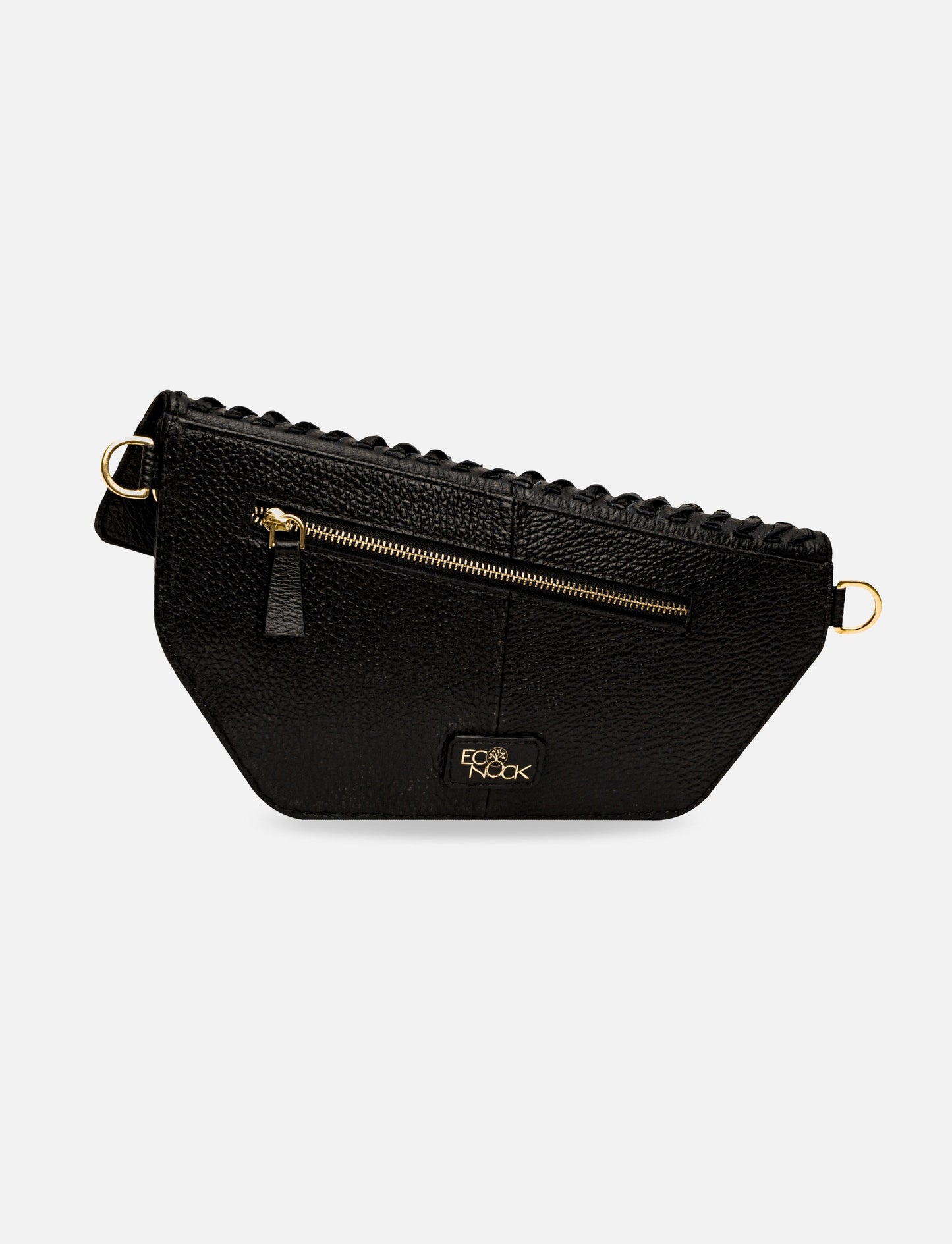 Black leather waist bag with gold zipper and logo, textured surface, and braided edge detail