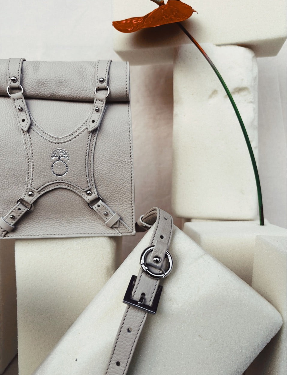 Minimalist beige leather handbag with silver buckle and embossed logo, displayed on white foam blocks with red flower