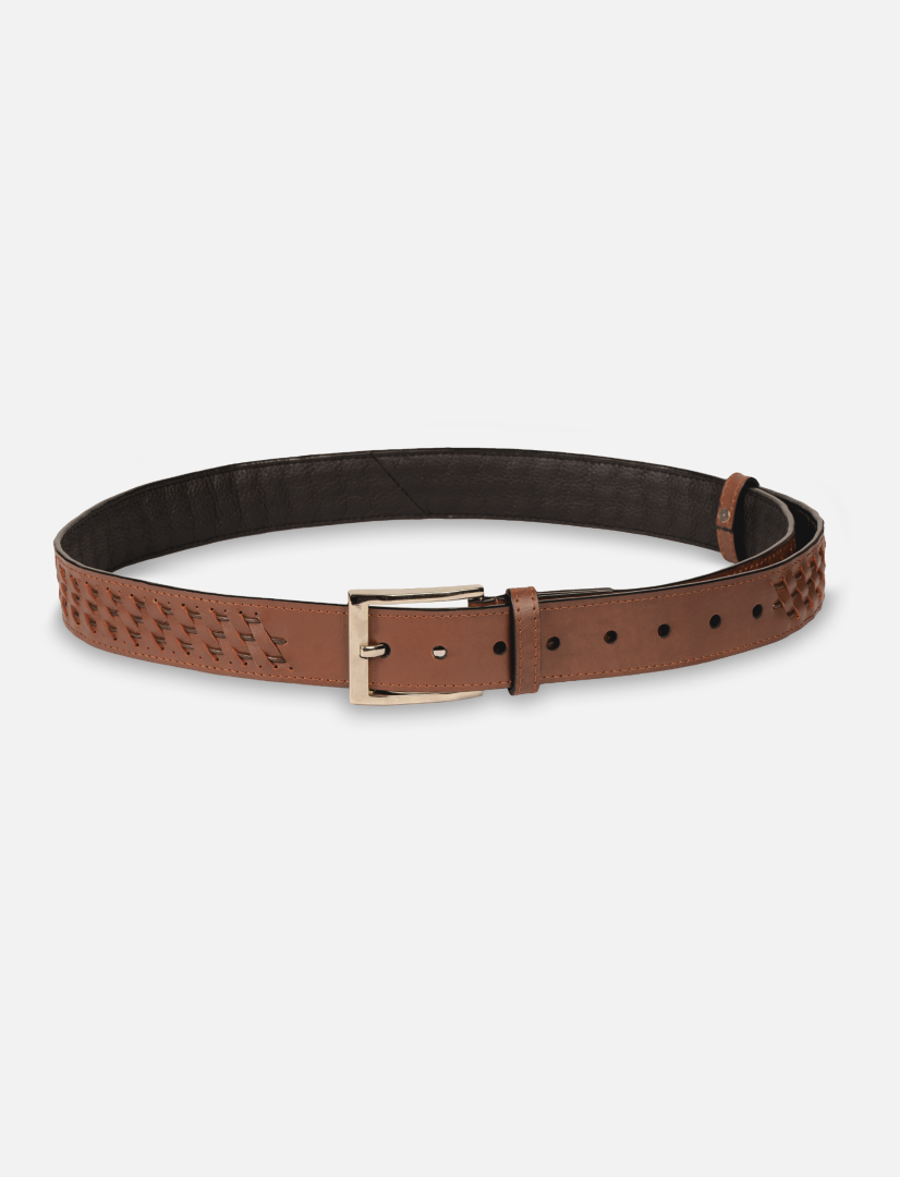 Timeless tan leather men's waist belt with woven detailing and metal buckle, handcrafted in India