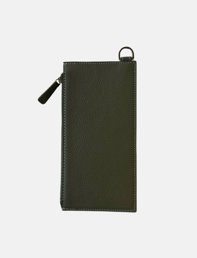 Jayden Crossbody timeless olive green leather pouch with zipper and ring detail on white background