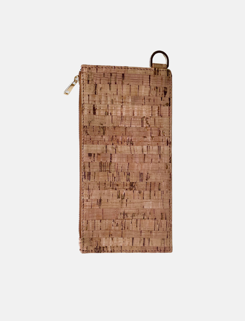 Compact rectangular cork leather wallet with zipper and metal ring attached