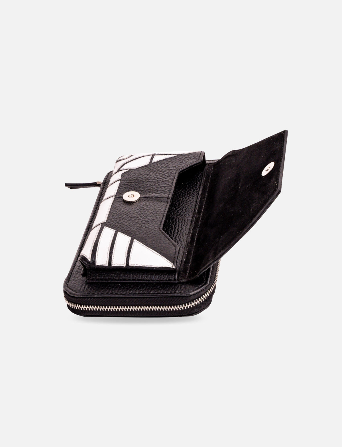 Open black leather wallet with white geometric accents and silver snap button on white background