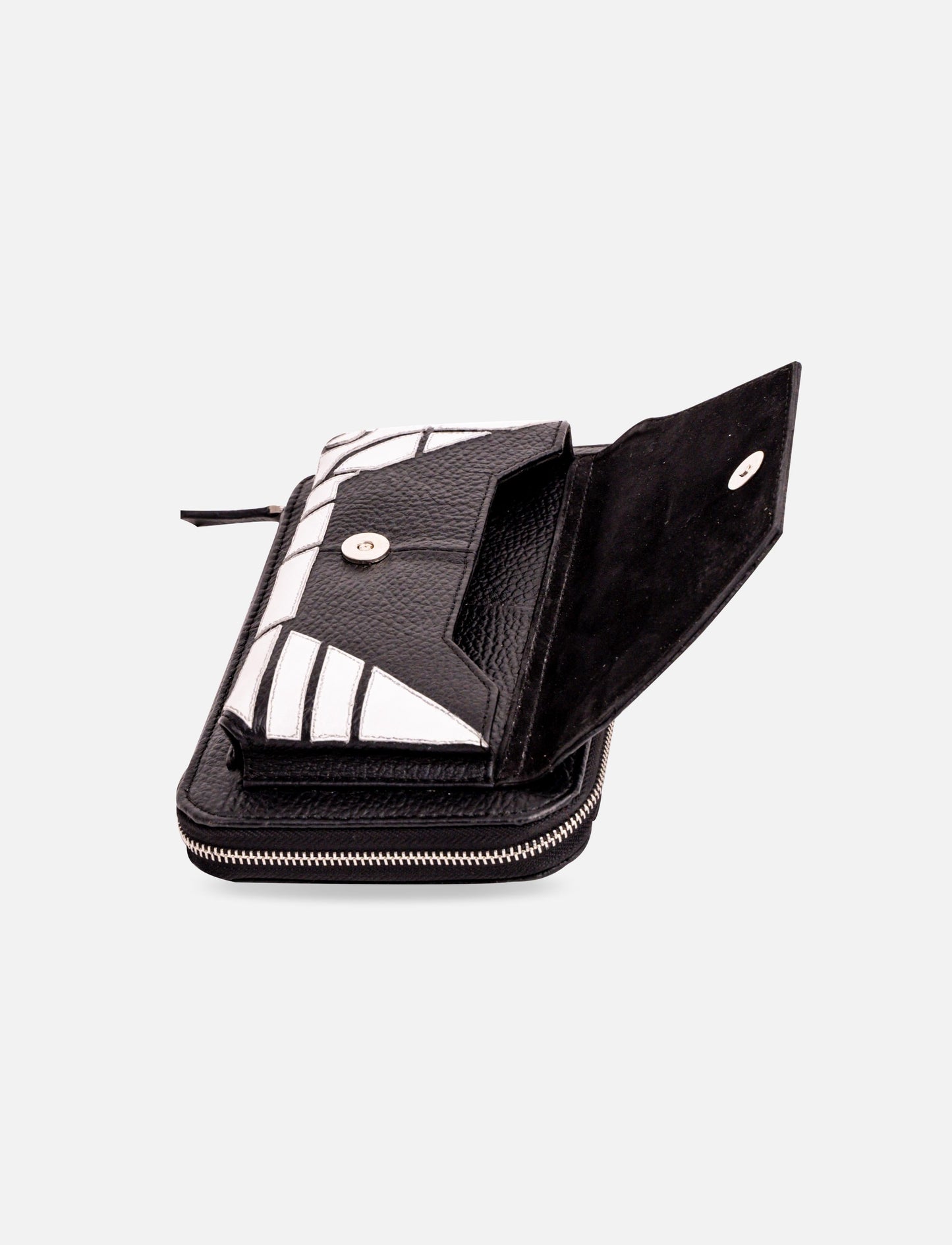 Open black leather wallet with white geometric accents and silver snap button on white background