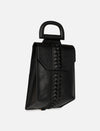Black leather handbag with top handle and decorative braided detail on front