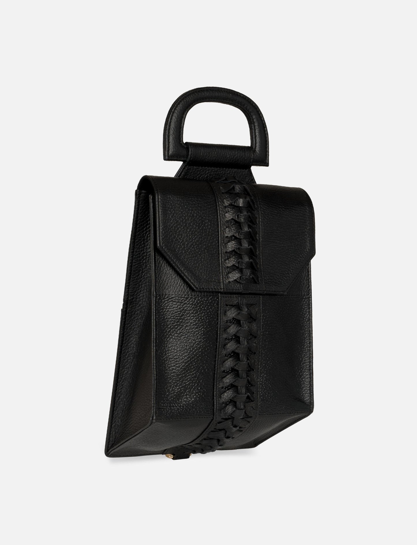 Black leather handbag with top handle and decorative braided detail on front