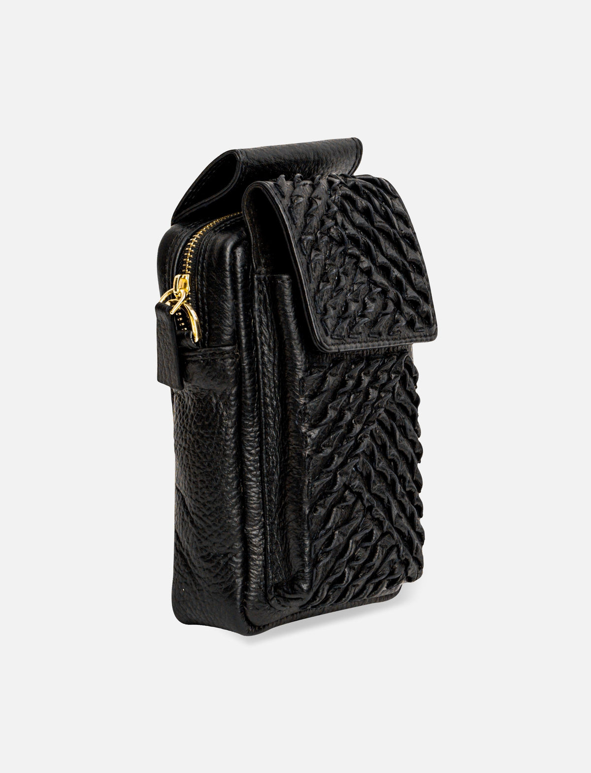 Black textured leather crossbody bag with woven front pocket and gold zipper