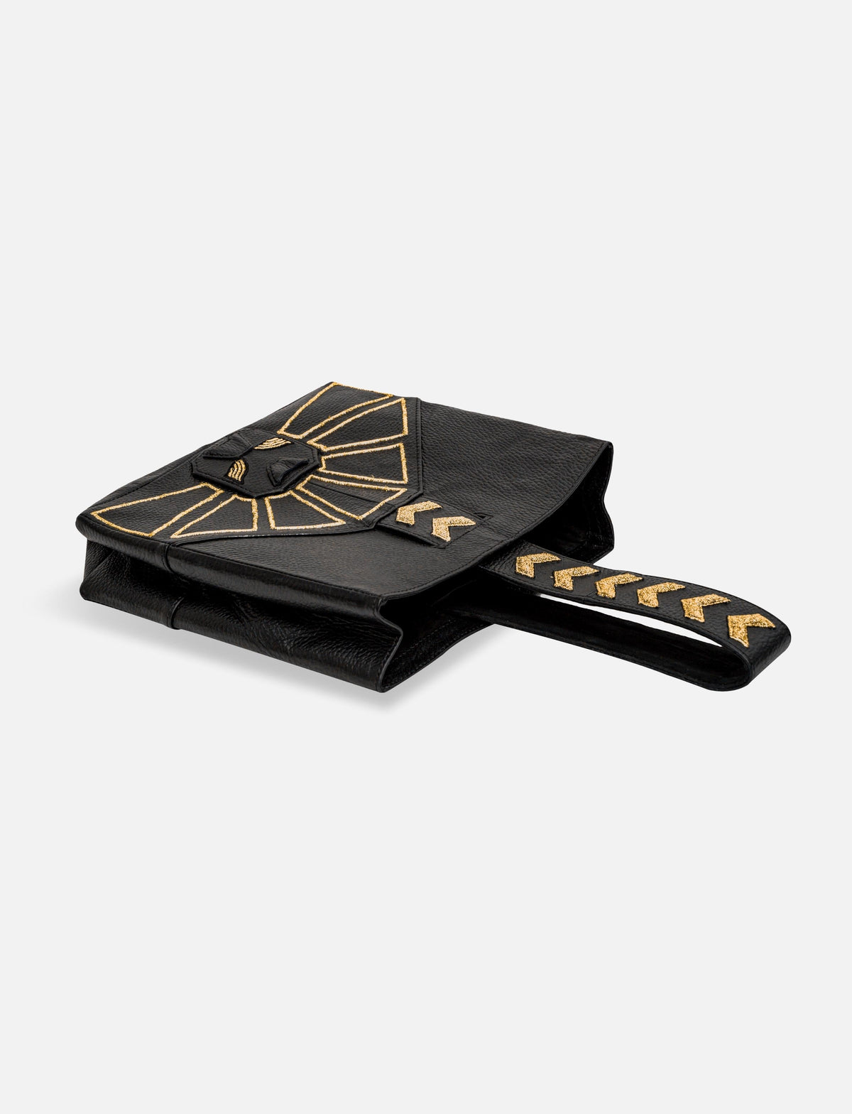 Black leather clutch bag with gold geometric embroidery and matching handle design