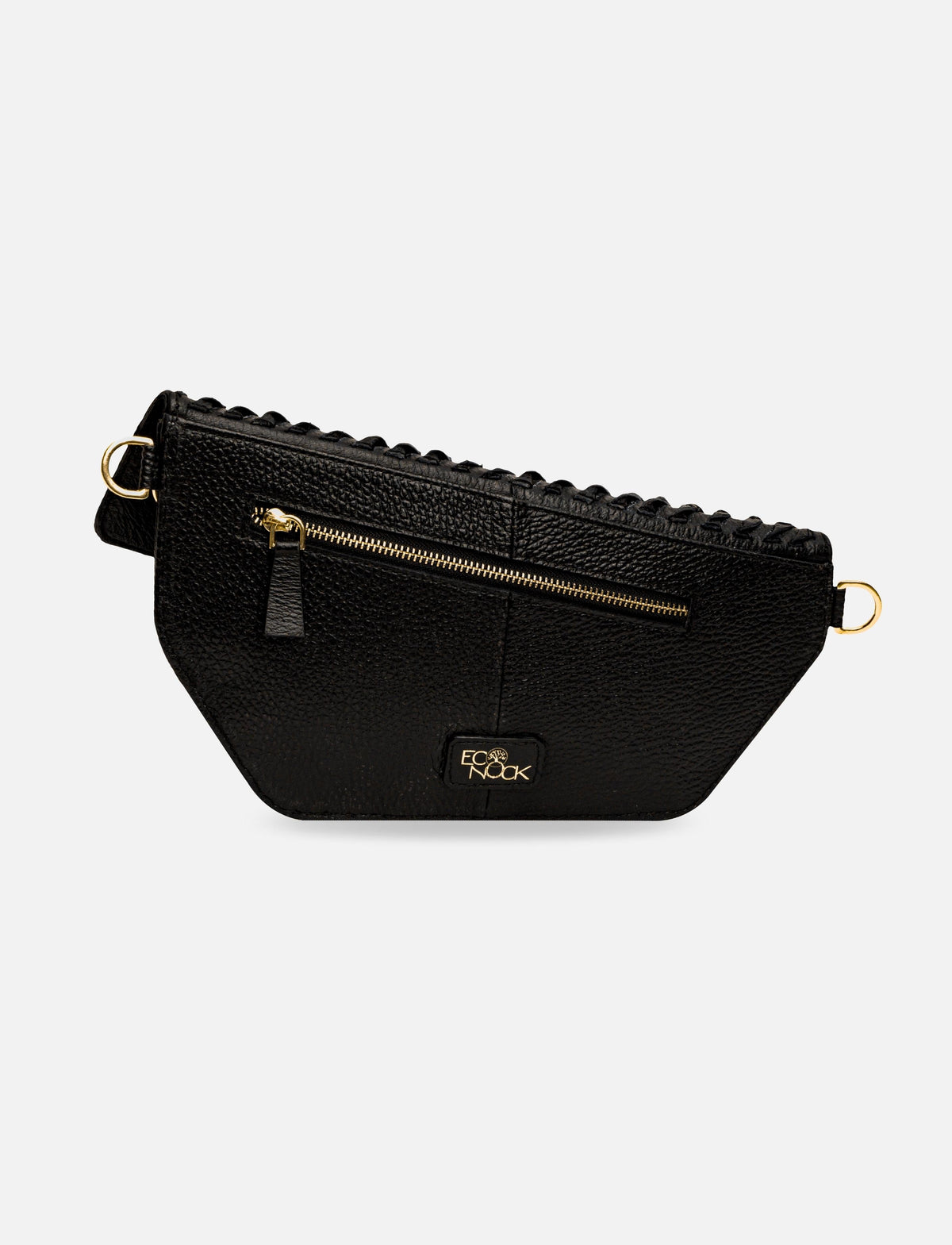 Black textured leather eco-friendly waist bag with gold zipper and logo patch
