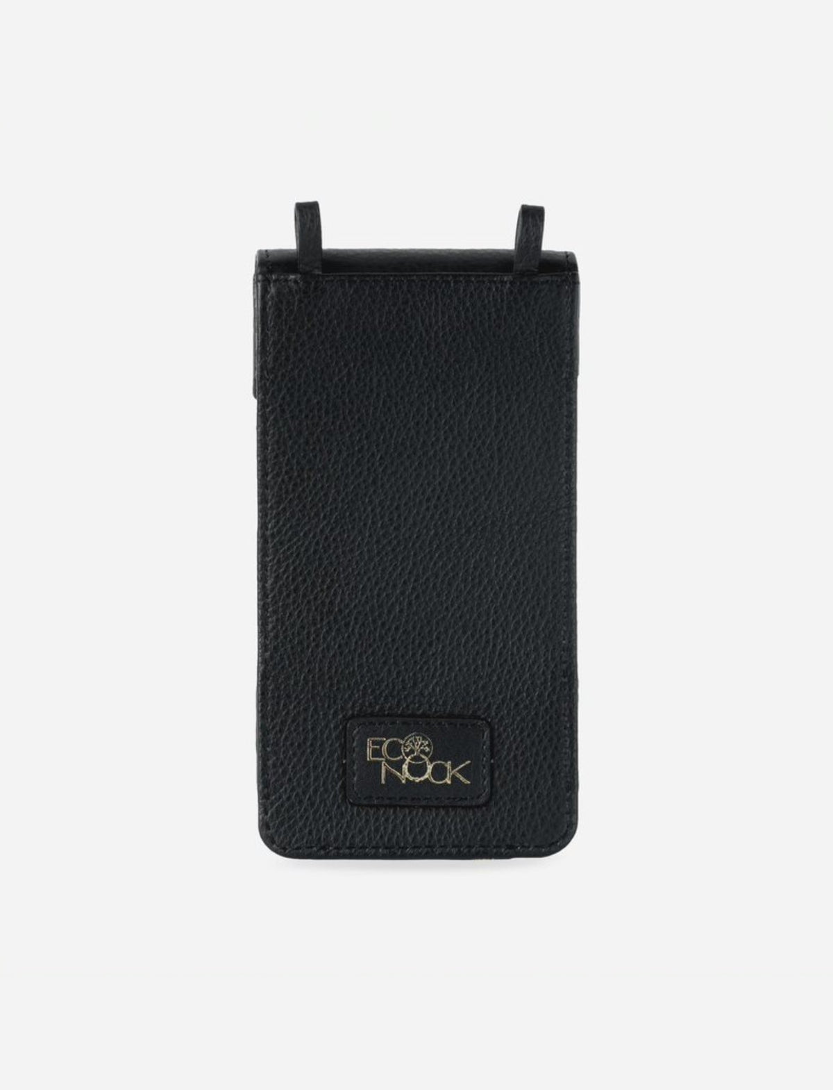 Black upcycled leather phone sling with EcoNook gold embroidered logo on white background