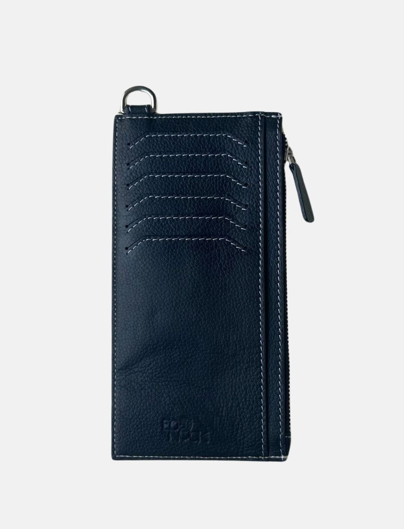Black leather crossbody wallet with multiple card slots and zipper pocket, handcrafted design