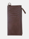 Timeless tan leather wallet with multiple card slots, white stitching, and zipper pocket