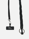 Black upcycled leather phone sling with silver O-ring and EcoNook logo tag on white background