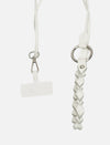 Timeless ivory white leather phone sling with braided design and silver hardware on white background