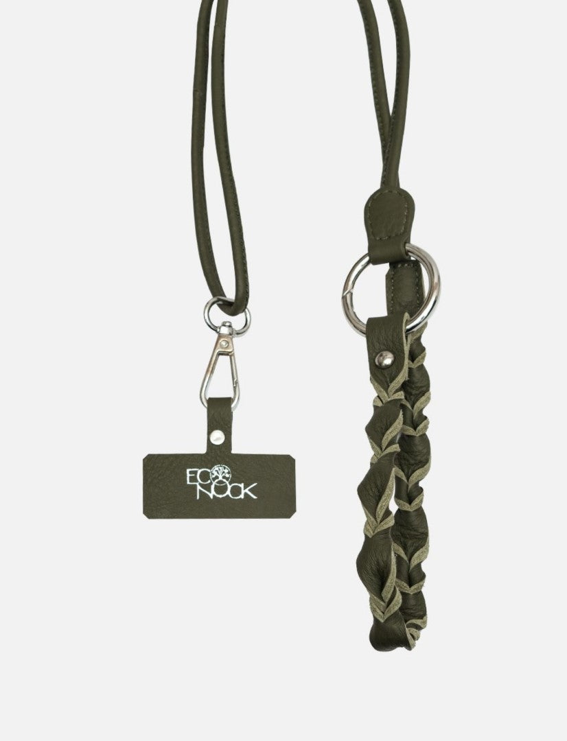 Timeless olive green leather phone sling and braided lanyard with silver metal clasp and ring, handcrafted
