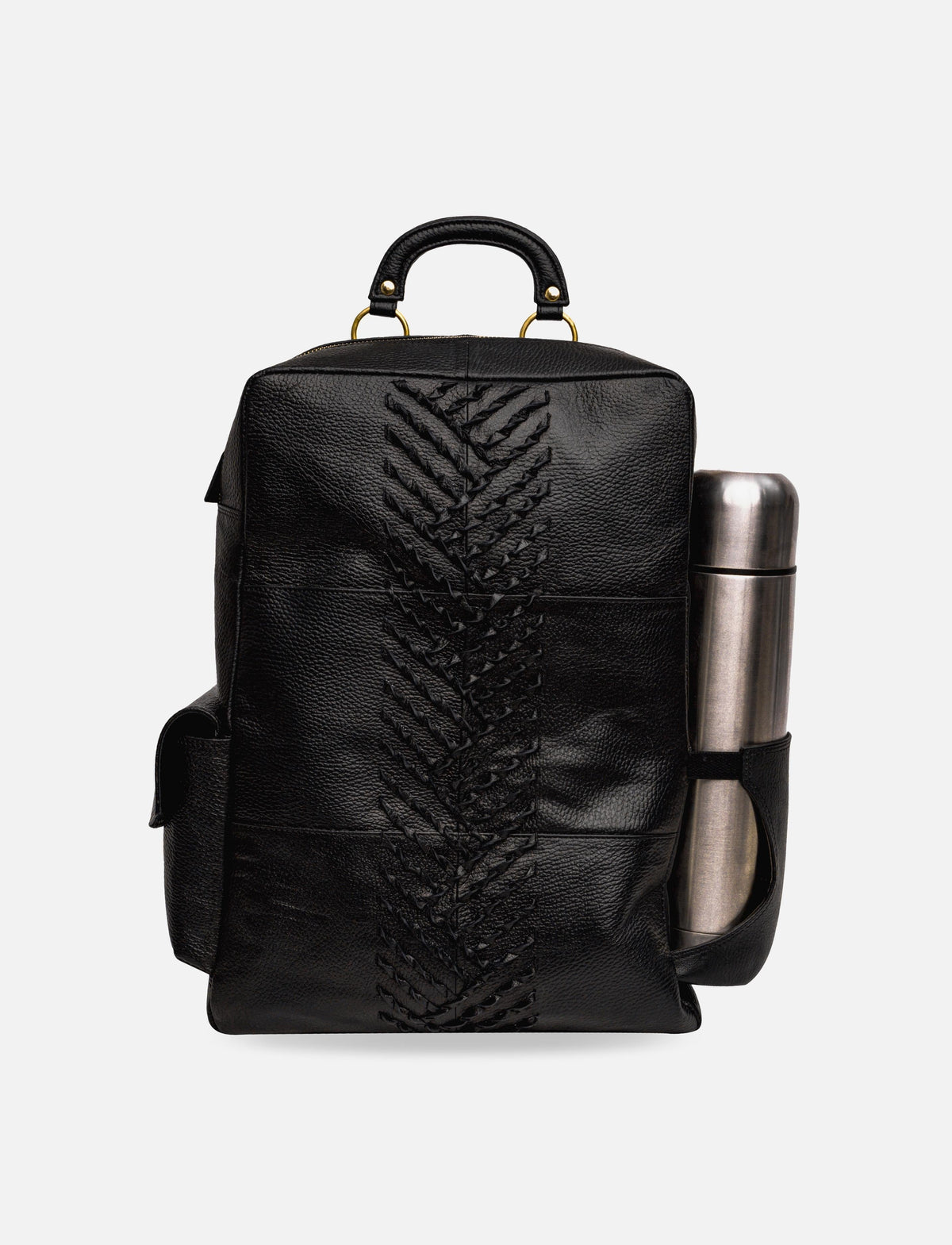 Black leather backpack with braided center design and metal water bottle in side pocket