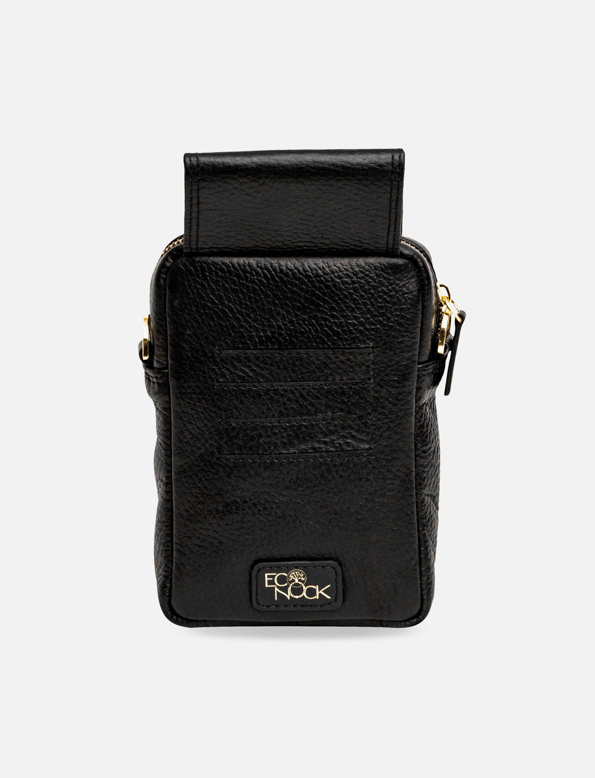 Black textured leather compact crossbody bag with gold zipper and EcoNook logo