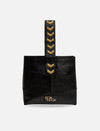 Black leather tote bag with gold chevron accents and ECO NOOK logo on front