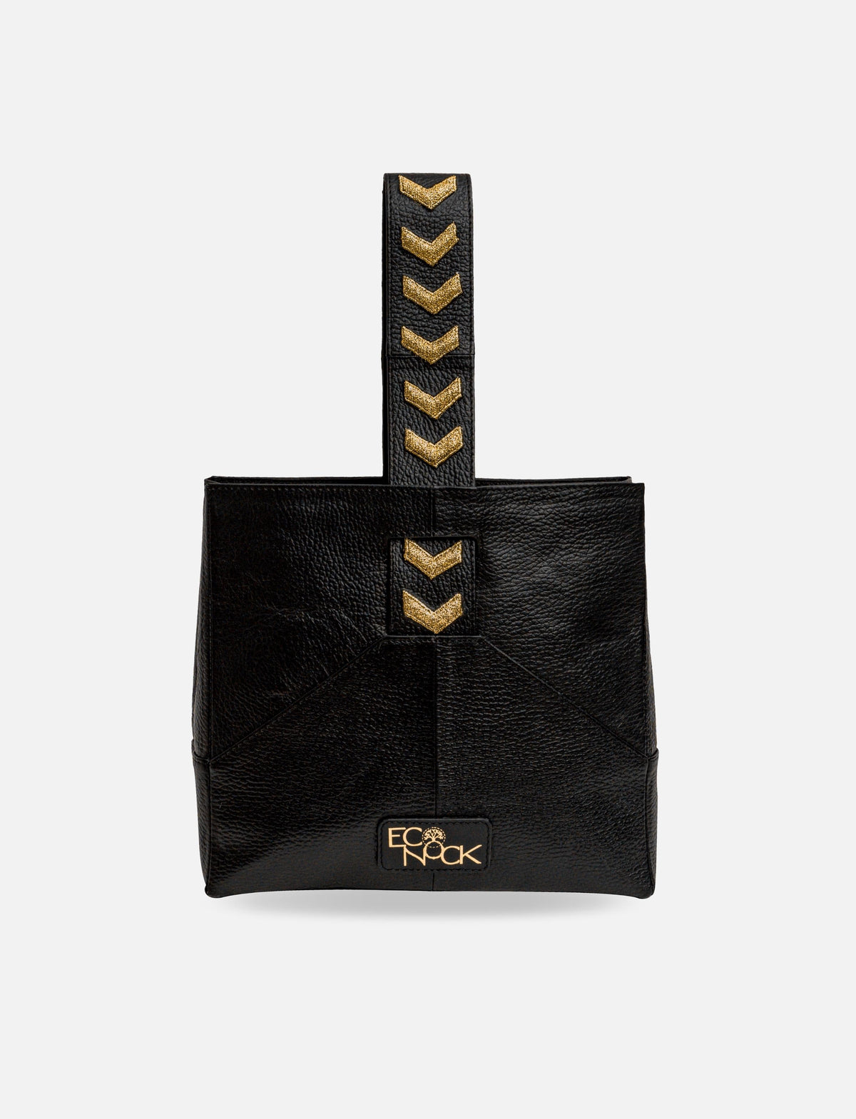 Black leather tote bag with gold chevron accents and ECO NOOK logo on front