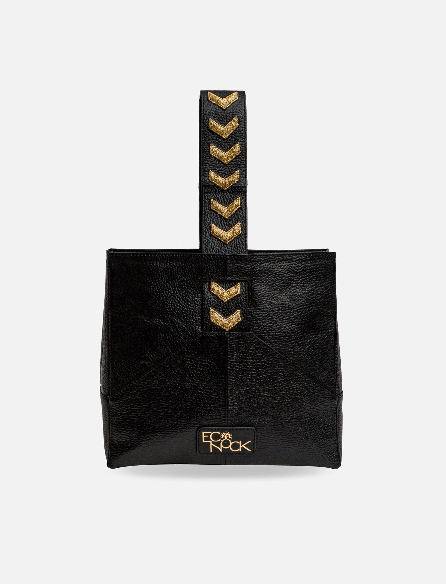 Black leather tote bag with gold chevron accents and ECO NOOK logo on front